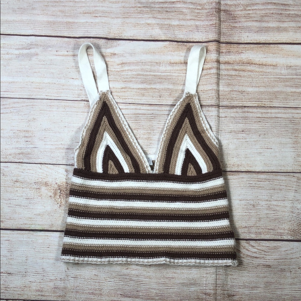 Festival Striped Crochet Babydoll Knit Tank Top - Brown & Cream‎